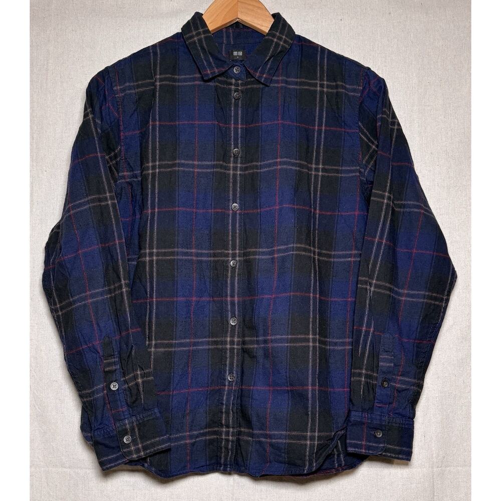 Uniqlo Plaid Flannel Shirt Mens Size S Navy Blue Red Long Sleeve Button Down